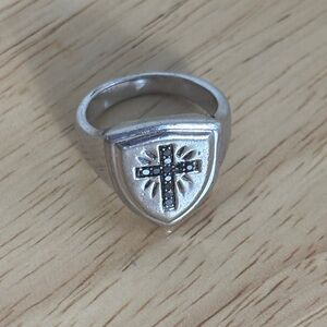 Silver 925 Shield Ring with Black Stone Cross crusades shield of faith medieval